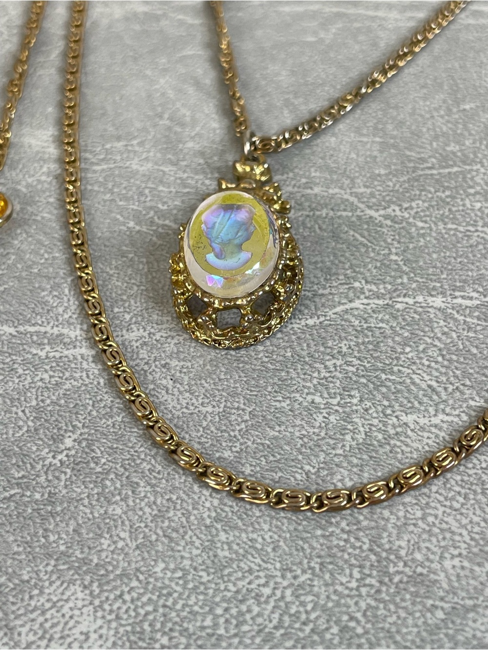 Gold-Tone Multi-Layer Pendant Necklace with “Cameo” and Yellow Gem Accents - Picture 3 of 7